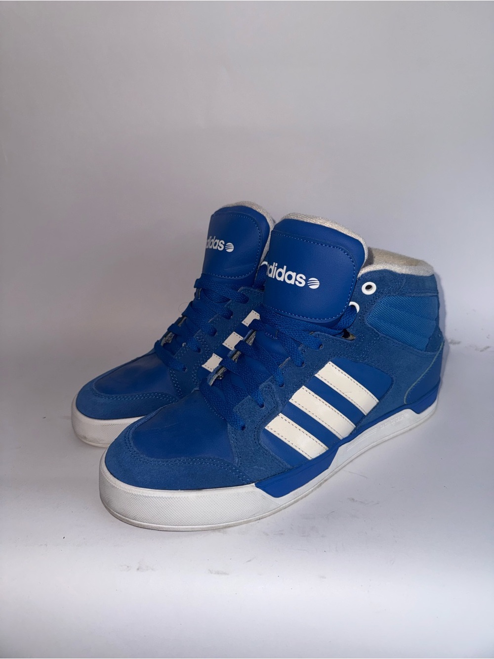 adidas BBneo Raleigh Mid High Top Blue with White Stripes Men’s Sneaker Size 8.5